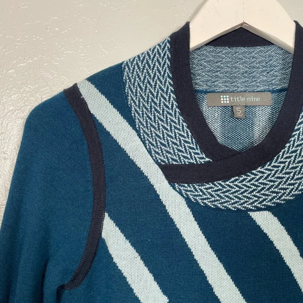 Title Nine Women S Blue Geometric Sweater Dress Cowl Neck Pockets Merino Wool